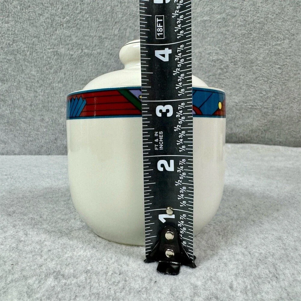 Vitromaster Jazz Sugar Bowl With Lid White Multicolor Geometric Vintage